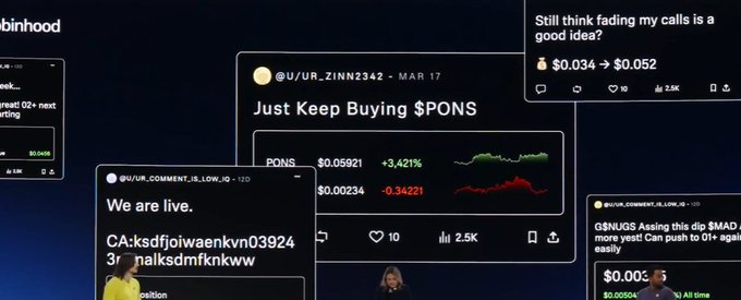 Multiple social media posts are displayed on a dark background, including one reading "Just Keep Buying $PONS" with values "$0.05921 +3.421%" and "$0.00234 -0.342%", another saying "We are live.." with garbled text, and a comment asking "Still think fading my calls is a good idea?" showing "$0.034 -> $0.052".