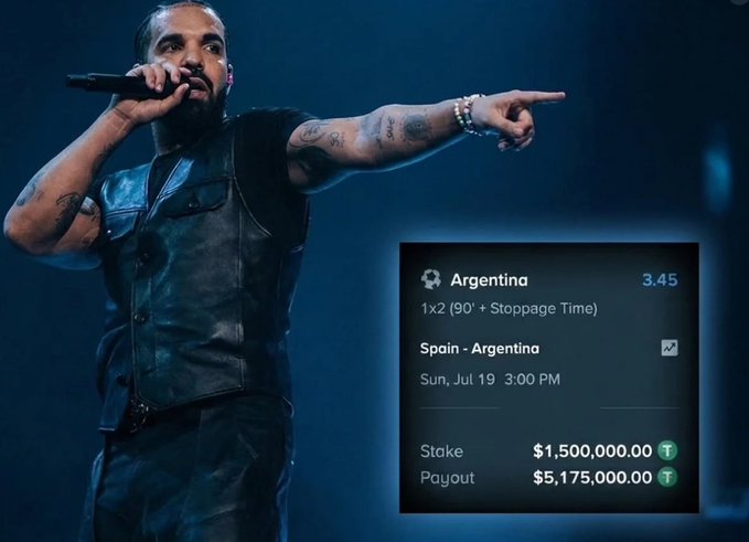 A rapper performing on stage next to a sports betting slip showing a wager of $1,500,000.00 on Argentina (3.45 odds) for Spain vs Argentina on Sun, Jul 19 at 3:00 PM, with a potential payout of $5,175,000.00.