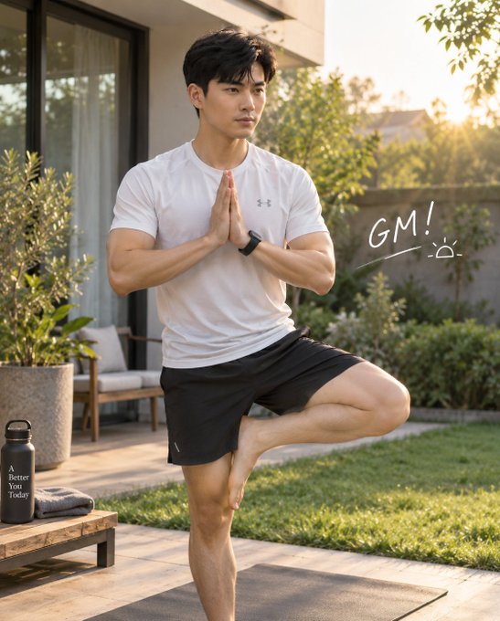 A fit man in a white t-shirt and black shorts performing a tree yoga pose on a patio at sunset, with a water bottle labeled 'A Better You Today' nearby and 'GM!' handwritten on the image.