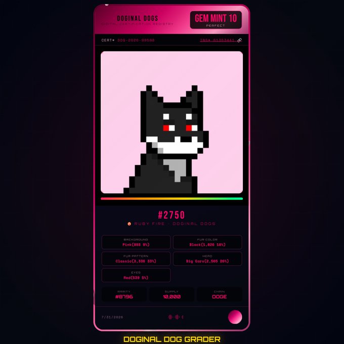 A smartphone screen displays the "Doginal Dogs Grader" app showing a pixel-art dog NFT (#2750) with a "Gem Mint 10 Perfect" rating, featuring red eyes, black fur, and a ruby fire background. The "Red(339 0%)" eyes rarity aligns with the post's excitement about a rare red-eyed dog NFT sale.