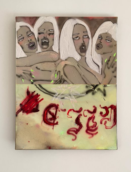 A mixed-media painting depicting four white-haired figures with open mouths in the upper half, and red painted markings, a star, and graffiti-like symbols on a pale green lower section.