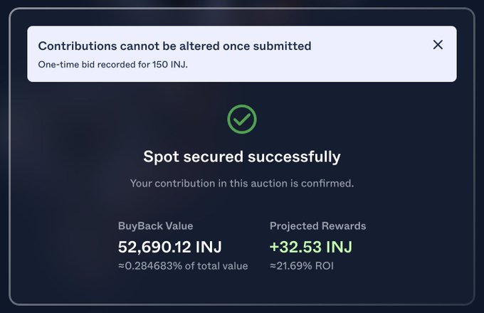 A confirmation screen shows a successful auction bid of 150 INJ in the July Community BuyBack, securing a spot with a buyback value of 52,690.12 INJ (≈0.284683% of total value) and projected rewards of +32.53 INJ (≈21.69% ROI). The image illustrates the post's celebration of securing a BuyBack spot for the $INJ community auction.