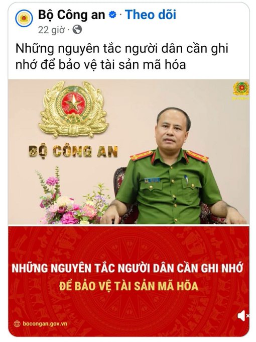 A Facebook post from Bộ Công an featuring a Vietnamese police officer with text 'Những nguyên tắc người dân cần ghi nhớ để bảo vệ tài sản mã hóa' and bocongan.gov.vn.