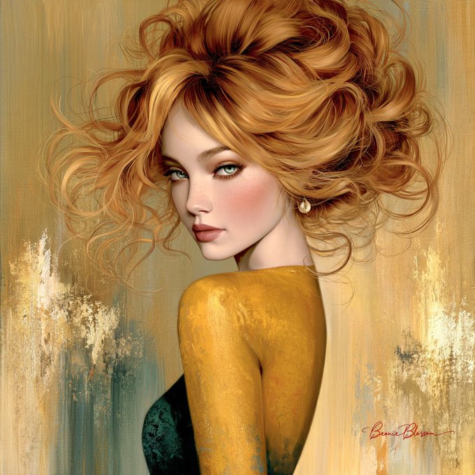 A stylized digital portrait shows a woman with voluminous auburn curls and striking green eyes, wearing a golden-yellow garment over a teal lace top, set against a painterly textured background. The artist's signature "Bernie Brien" appears in the lower right corner, complementing the post's bold theme of confidence and self-assurance.