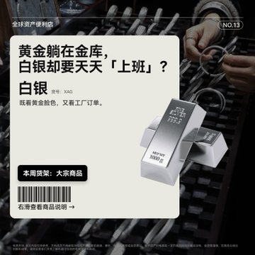 A Chinese promotional graphic for gold and silver commodities, with text questioning why silver 'goes to work' daily while gold rests in vaults, branding the 'White' silver bars.