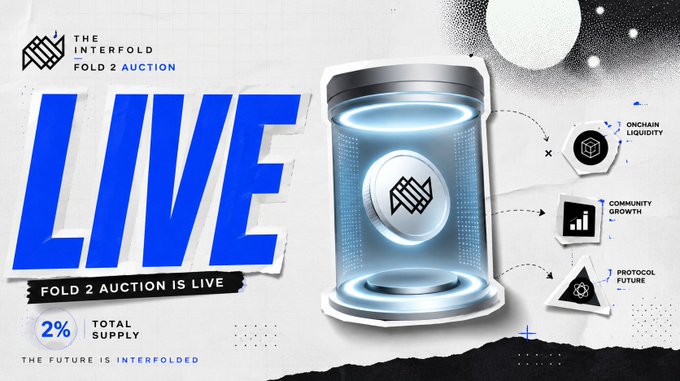 Promotional graphic for "THE INTERFOLD FOLD 2 AUCTION" announcing that the "Fold 2 Auction is Live" with "2% Total Supply," featuring a futuristic capsule containing a token with text about "Onchain Liquidity," "Community Growth," and "Protocol Future."