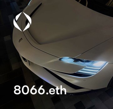 An image of a white car with illuminated headlights featuring the Floki/Shiba Inu-style logo and '8066.eth' as an ENS domain name.