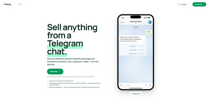 A website screenshot for a 'Telegram bot' advertises 'Sell anything from a Telegram chat' with a phone mockup showing a chat interface called 'Hello Pixel Studio'.