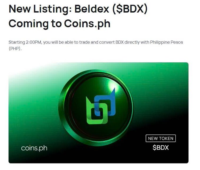 A promotional announcement from coins.ph announcing a new listing for Beldex ($BDX), stating that starting at 2:00PM users can trade and convert BDX directly with Philippine Pesos (PHP).