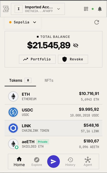 A crypto wallet interface displays a total balance of $21,545.89 on the Sepolia network, showing holdings in ETH ($10,716.91), USDC ($9,995.92), LINK ($548.16), and aeETH ($180.67).