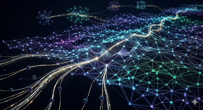 The image features a complex network of lines, dots, and shapes that appear to be connected by a series of lines or rays. The colors used are predominantly blue, green, purple, and white, creating an abstract and visually striking scene. The image is described as being "very colorful" and "complex," which further emphasizes the intricate nature of the network. The post also mentions that it's about "the future", suggesting a futuristic or speculative theme to the content.