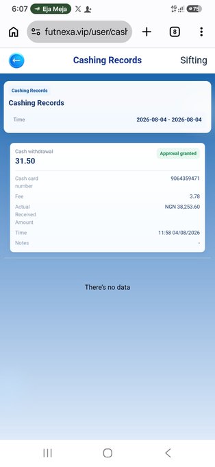 A mobile screenshot from futnexa.vip displays a "Cashing Records" page showing an approved cash withdrawal of 31.50 NGN (38,253.60), aligning with the post's claim of receiving a $30 withdrawal from FUTNEXA today.