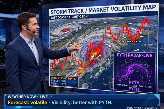 A news broadcast scene featuring a male meteorologist pointing at a 'STORM TRACK / MARKET VOLATILITY MAP' showing hurricanes overlaid with red candlestick charts, along with a 'PYTH RADAR -LIVE' inset and the ticker 'PYTH'.