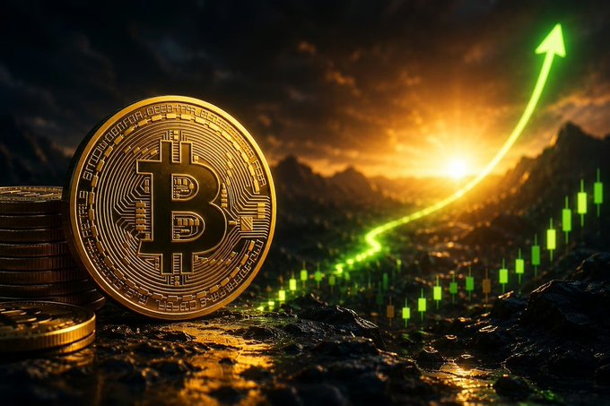 A digital rendering of a gold Bitcoin coin on a rocky surface, accompanied by a glowing green upward-trending arrow and green candlestick chart.