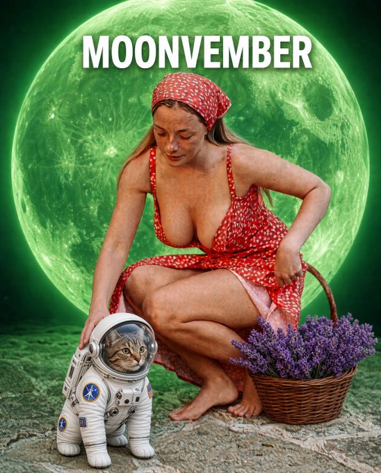 A surreal promotional image titled 'MOONVEMBER' shows a woman in a red polka-dot sundress and headscarf crouching beside a cat wearing a miniature astronaut suit, with a basket of lavender nearby against a giant green moon backdrop.