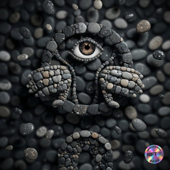 A surreal humanoid figure made of stacked stones features a single large eye on its head, set against a backdrop of scattered pebbles, with a circular "Unique Edition NFT 2026" badge in the bottom right corner. The composition reimagines the NFT.NYC 2026 poster theme through a stone mosaic interpretation, matching the title's metaphor of a "window to the soul."