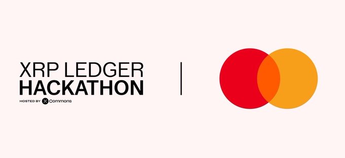 A logo graphic for the 'XRP LEDGER HACKATHON' hosted by XRPL Commons, featuring the red and orange Mastercard-style logo.