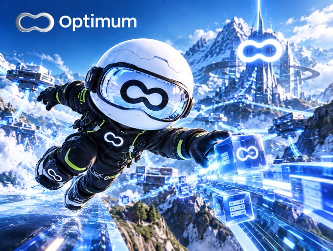 A promotional graphic features a futuristic astronaut with an infinity-symbol helmet flying through a snowy mountain landscape, with the 'Optimum' logo in the corner and floating data cubes.
