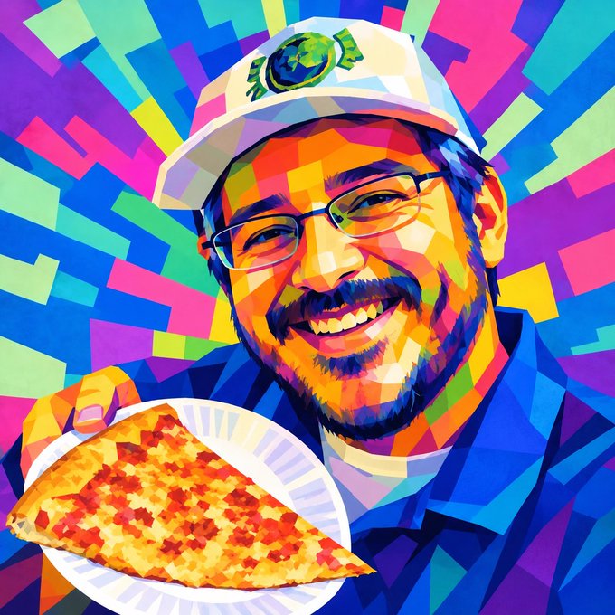 A colorful WPAP (Wedha's Pop Art Portrait) style illustration of a smiling bearded man wearing glasses and a white cap with an earth logo, holding a paper plate with a slice of cheese pizza against a vibrant geometric background.