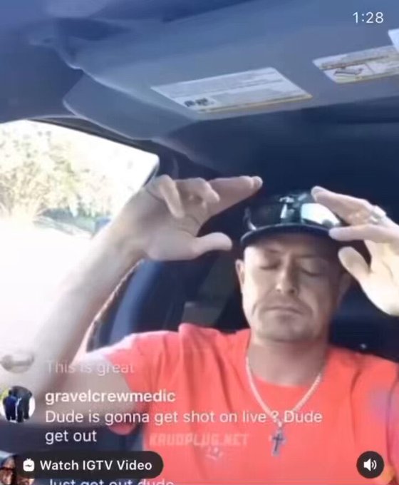 A man in a red shirt with a cross necklace adjusts sunglasses on his head inside a car, while a viewer comments "Dude is gonna get shot on live, Dude get out" during what appears to be an IGTV livestream. The post references minting NFTs and tagging @LucaNetz, suggesting this image captures a tense moment from a live broadcast that may relate to cryptocurrency or NFT-related content.