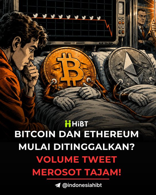 An AI-generated illustration depicting a man watching Bitcoin and Ethereum coins lying in hospital beds with heart monitors, with text in Indonesian reading 'BITCOIN DAN ETHEREUM MULAI DITINGGALKAN? VOLUME TWEET MEROSOT TAJAM!' and the handle '@indonesiahibt'.