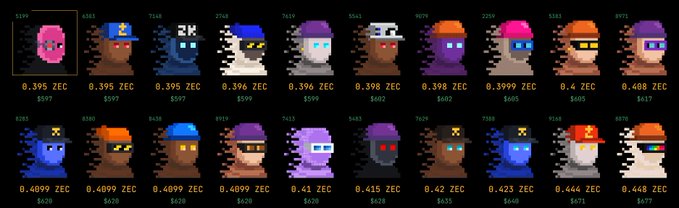 A collection of pixel art character avatars with various hats and colors, priced in ZEC (Zcash cryptocurrency).