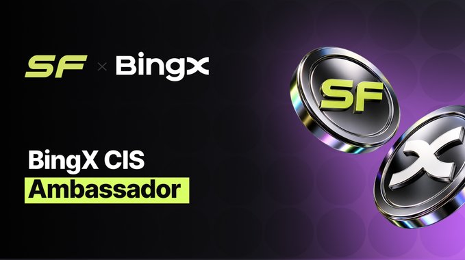 A promotional banner for 'SF x BingX' announcing 'BingX CIS Ambassador,' featuring two black and silver SF branded coins against a purple dotted background.