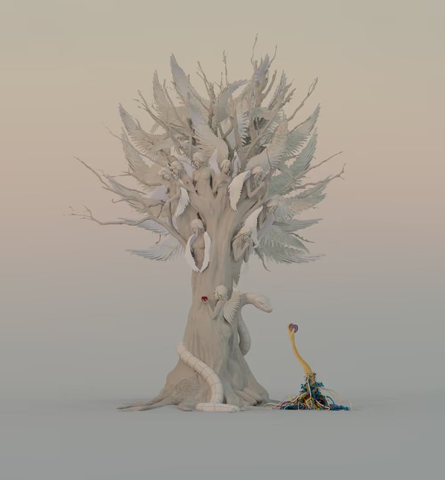 A surreal 3D render of a pale, textured tree with wing-like leaves and small figures clinging to its branches, standing on a smooth surface next to a colorful, yarn-like creature.