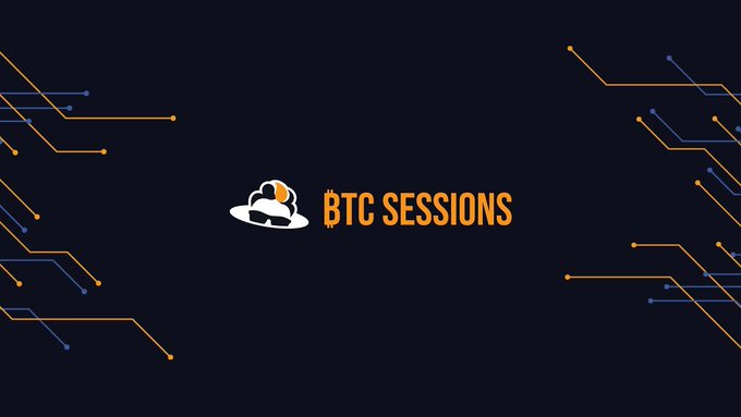 A dark graphic with orange and blue circuit-like lines featuring the logo and text 'BTC SESSIONS' alongside a cloud icon with a Bitcoin symbol.