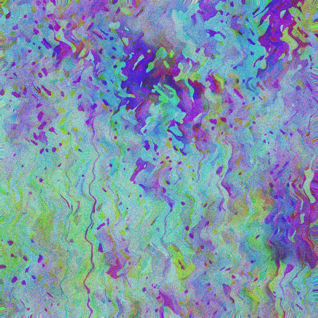 ?"The image shows a colorful abstract pattern with swirls of purple, green, blue, and yellow colors."