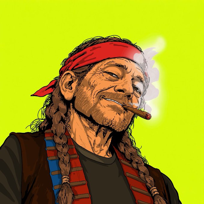 An illustrated cartoon portrait of a rugged man with braided hair, a red bandana, and a cigar, set against a bright yellow-green background.