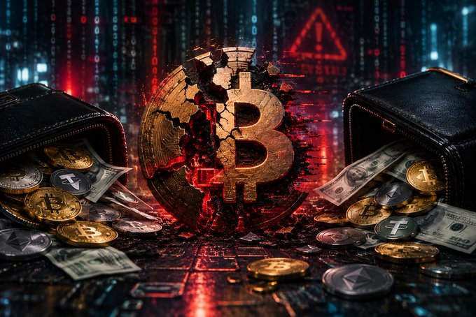 A dramatic digital artwork showing a cracked and shattering golden Bitcoin coin between two open wallets filled with various cryptocurrencies and US dollar bills against a dark background with red warning symbols.