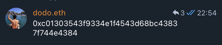 A dark-themed interface displays the profile "dodo.eth" with the wallet address "0xc01303543f9334e1f4543d68bc43837f744e4384", showing 3 unread messages and a timestamp of 22:54.