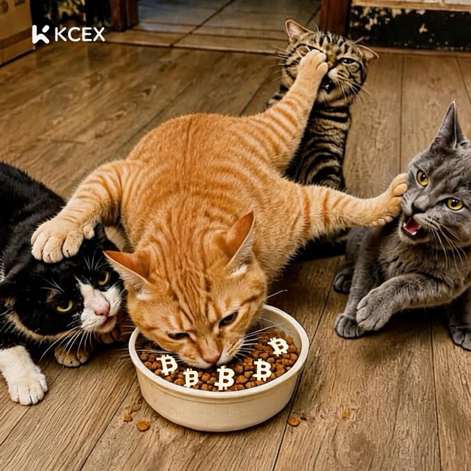 Four cats of various colors (black and white, orange tabby, brown tabby, and gray) eating from a bowl of kibble decorated with Bitcoin 'B' logos, with the 'KCEX' logo in the top left corner.