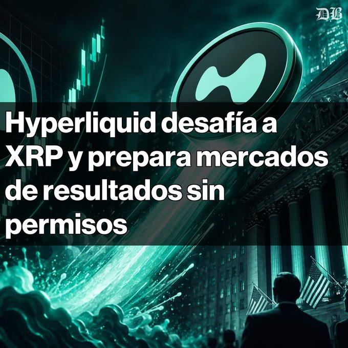 A Spanish-language news graphic featuring the Hyperliquid logo with the headline 'Hyperliquid desafía a XRP y prepara mercados de resultados sin permisos' set against a dark city/financial background.