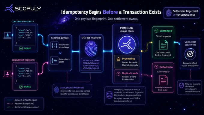 An infographic from SCOPLY titled 'Idempotency Begins Before a Transaction Exists' explaining how a payload fingerprint ensures one settlement owner, showing SHA-256 fingerprint, PostgreSQL processing, and Stellar settlement.