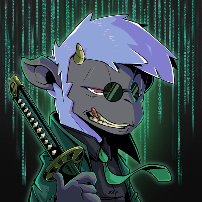 A 1/1 NFT submission for the @GoatsOfSolana art contest, featuring an anthropomorphic goat ninja with a single horn, eyepatch, and glowing green katana against a Matrix-style falling code background with Japanese katakana and binary digits, fitting the "Goatrix" hacker theme.