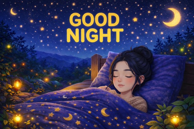A whimsical digital illustration showing a sleeping girl under a star and moon-patterned blanket with the text 'GOOD NIGHT' displayed against a starry night sky.