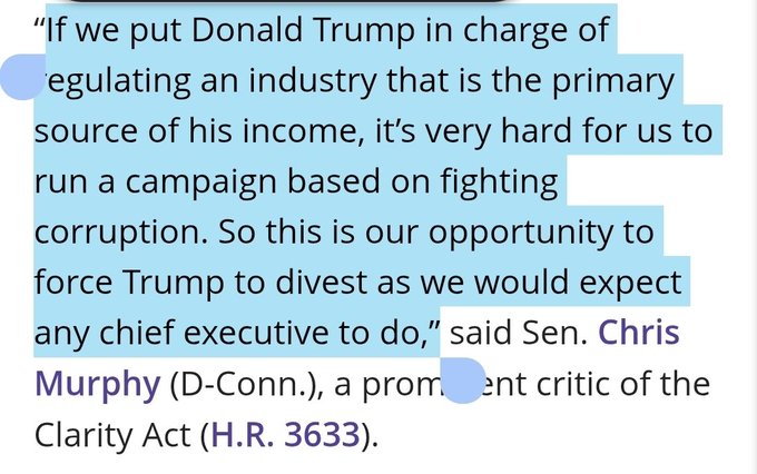 A highlighted quote from Senator Chris Murphy (D-Conn.), a prominent critic of the Clarity Act (H.R. 3633), criticizing the bill for not requiring President Trump to divest from his crypto-related business interests.