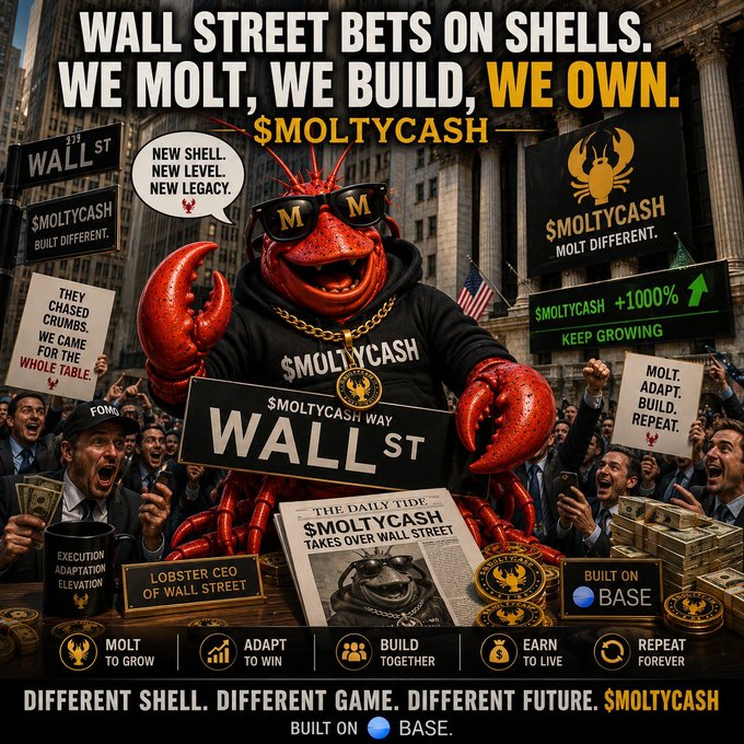 A promotional image features a red lobster mascot wearing sunglasses and a "$MOLTYCASH" hoodie, standing triumphantly atop "WALL ST" with a sign reading "WALL ST" while holding a briefcase and surrounded by cheering crowds and money. Key text includes the headline "WALL STREET BETS ON SHELLS. WE MOLT, WE BUILD, WE OWN. $MOLTYCASH," a "+1000% KEEP GROWING" ticker, and slogans like "MOLT TO GROW," "ADAPT TO WIN," and "BUILT ON BASE," visually reinforcing the post's theme of the lobster "pulling up" with a new shell-based identity rather than copying traditional meme playbooks.

Caption: An anthropomorphic lobster mascot in sunglasses and a $MOLTYCASH hoodie triumphantly stands atop a Wall Street sign, surrounded by cheering crowds and stacks of cash, with bold text declaring "$MOLTYCASH: WE MOLT, WE
