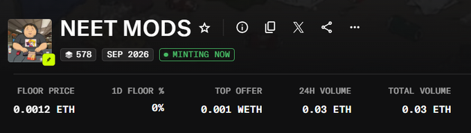 Screenshot of the 'NEET MODS' NFT collection page showing a floor price of 0.0012 ETH, top offer of 0.001 WETH, and 0.03 ETH volume.