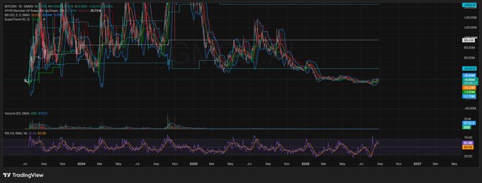 A TradingView chart displays the declining price action of BTCUSDT.P over a multi-year period, with a current price of 25.170.