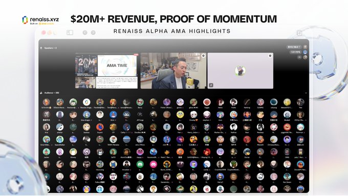 A Renaiss.xyz promotional graphic titled "$20M+ REVENUE, PROOF OF MOMENTUM" showcases a "Renaiss Alpha AMA Highlights" session, displaying a large virtual meeting with hundreds of participants and a presentation slide featuring a presenter alongside "20M" and "AMA TIME" graphics, illustrating the community engagement mentioned in the post.