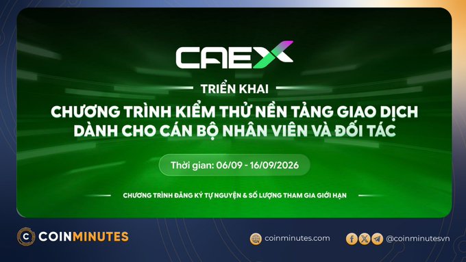 A Vietnamese promotional graphic for CAEX announcing a testing program for a trading platform aimed at staff and partners, running from 06/09 - 16/09/2026, with registration required and limited spots; branded by Coinminutes (coinminutes.com, @coinminutesvn).