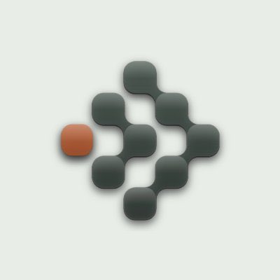 A 3D rendered logo consisting of interconnected dark green rounded squares arranged in a diamond pattern, with a single orange square attached to the left side.