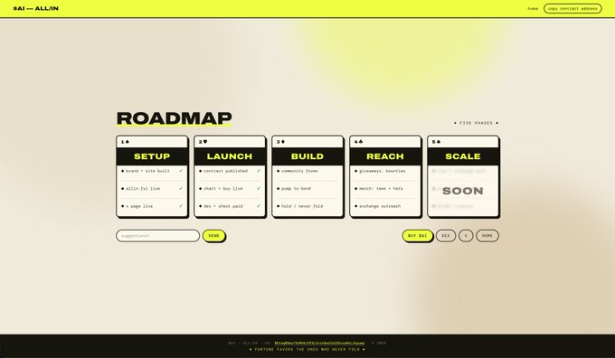 A webpage interface for '$AI - $ALLIN' displaying a 'ROADMAP' with five phases: SETUP, LAUNCH, BUILD, REACH, and SCALE (marked SOON), each showing progress items.