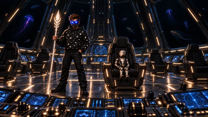 A sci-fi scene shows a person in a star-patterned hoodie holding a glowing staff next to a small astronaut seated in a large captain's chair on a spaceship bridge with jellyfish visible through the windows.