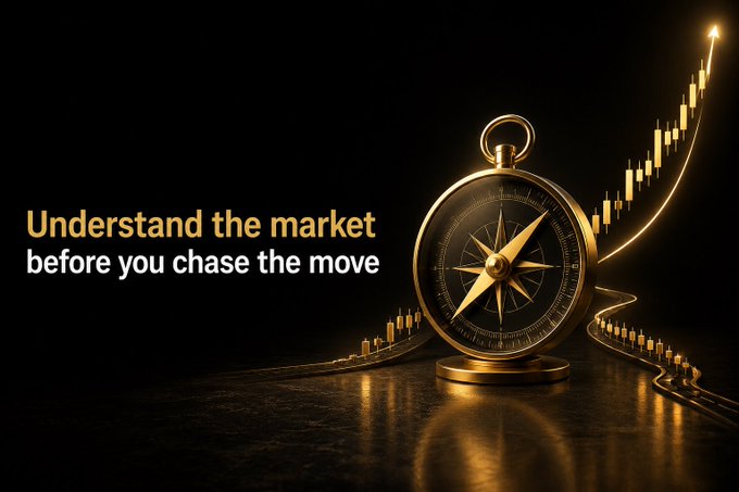 A golden compass sits beside a rising candlestick chart under the text "Understand the market before you chase the move," visually reinforcing the post's warning against impulsively chasing crypto's rapid price movements without proper market analysis.