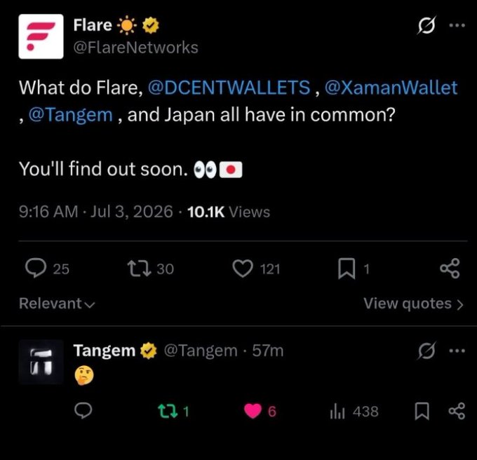 A screenshot of a Flare Networks tweet asking "What do Flare, @DCENTWALLETS, @XamanWallet, @Tangem, and Japan all have in common? You'll find out soon," with a reply from Tangem showing a shrugging emoji. The post's bullish $XRP sentiment ties into the cryptic teaser, suggesting an upcoming Flare partnership announcement involving these crypto wallets and Japan.