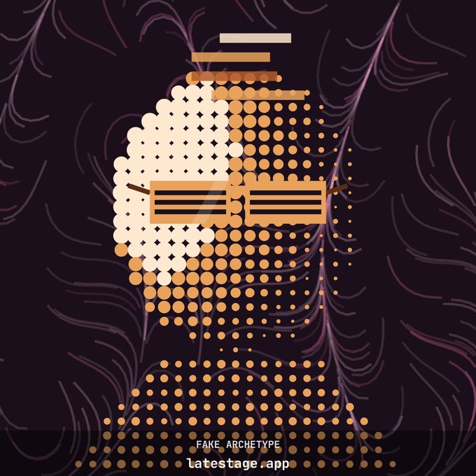 A stylized digital illustration shows a face made of orange dots and halftone patterns, with two rectangular bars covering the eyes, labeled 'FAKE ARCHETYPE' and 'latestage.app'.
